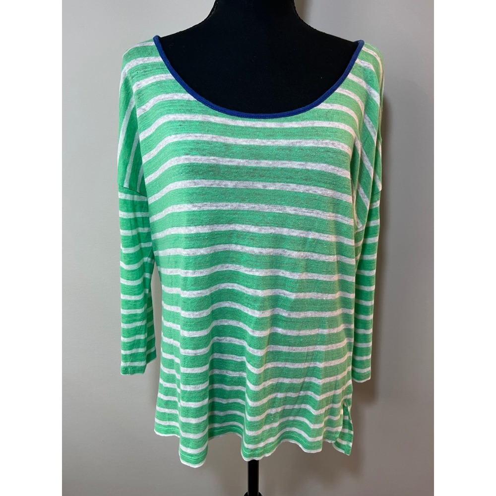 Talbots Green White Striped 100% Linen Knit Top 3/4 Sleeve Sm St Patrick's Day‎
